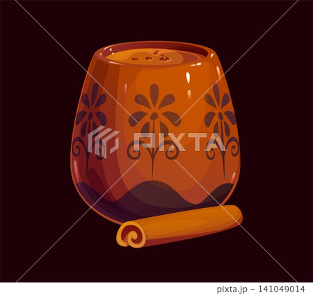Champurrado Mexican drink or chocolate dessert beverage in cup with floral ornament. Mexican traditional champurrado or atole drink in porcelain or ceramic mug, Mexico national chocolate sweet drink 141049014