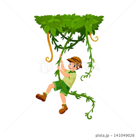 Scout kid swinging on liana vine in jungles, cartoon boy explorer character. Young scout child adventurer or boy scout in green outfit hanging on jungle liana branch in tropical forest on scouting Scout kid swinging on liana vine in jungles, cartoon boy explorer character. Young scout child adventurer or boy scout in green outfit hanging on jungle liana branch in tropical forest on scouting 141049026