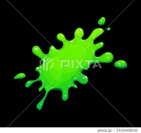 Slime blob with green toxic goo splash or slimy vomit drips of cartoon radioactive liquid. Green slime blob or gooey mucus glue, plasticine and poison of sticky splash drops of zombie snot phlegm 141049030