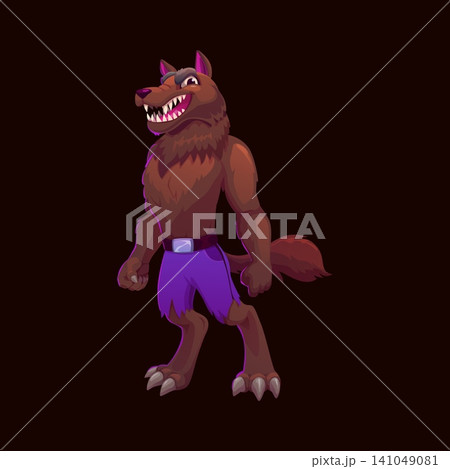Scary and funny Halloween werewolf character and game icon asset. Cartoon werewolf in torn purple shorts, standing with clenched paws and baring sharp teeth. Spooky vector personage for game 141049081