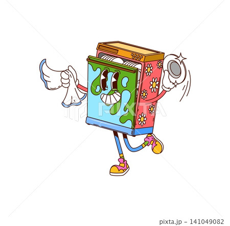 Cartoon groovy playful dishwasher character. Playful home appliance personage combines trippy floral details with vintage charm for funky home graphics, kitchen branding, or nostalgic merchandise 141049082