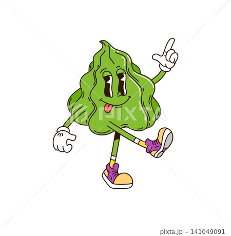 Groovy Japanese wasabi sauce cartoon character for sushi rolls, vector emoji. Groovy wasabi character with yummy tongue out and silly face or happy smile and cool vibe gesture walking in hipster shoes 141049091