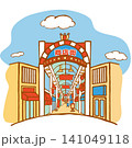 日本の伝統的な商店街（アーケード街）のベクターイラスト（レトロ） 141049118