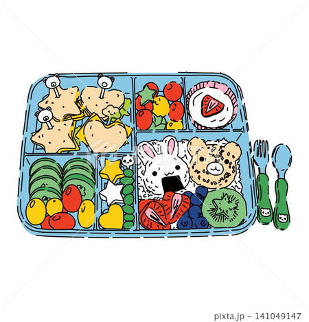 Colorful Animal Bento Box with Fruits and Sandwiches Colorful Animal Bento Box with Fruits and Sandwiches 141049147