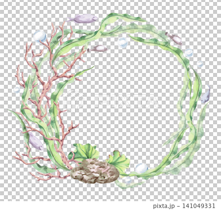 A wreath with seaweed, coral, and fish. This isolated watercolor illustration is perfect for branding, postcards, decorative panels, interior design, and themed websites. A wreath with seaweed, coral, and fish. This isolated watercolor illustration is perfect for branding, postcards, decorative panels, interior design, and themed websites. 141049331