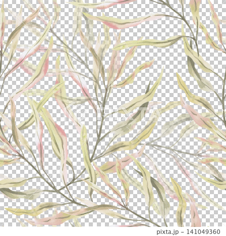 A watercolor pattern featuring delicate seaweed. Ideal for designing children's products, summer greeting cards, beach-themed decor, websites, textiles, and packaging. A watercolor pattern featuring delicate seaweed. Ideal for designing children's products, summer greeting cards, beach-themed decor, websites, textiles, and packaging. 141049360
