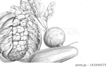 Rectangular frame with cauliflower, beets, and zucchini. Graphite pencil illustration for culinary blogs, restaurants, farm food stores, fitness studios, educational materials, and packaging. Rectangular frame with cauliflower, beets, and zucchini. Graphite pencil illustration for culinary blogs, restaurants, farm food stores, fitness studios, educational materials, and packaging. 141049375