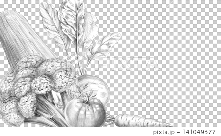 Rectangular frame with broccoli, zucchini, beets, and tomatoes. Graphite pencil illustration for culinary blogs, restaurants, farm food stores, fitness studios, educational materials, and packaging. Rectangular frame with broccoli, zucchini, beets, and tomatoes. Graphite pencil illustration for culinary blogs, restaurants, farm food stores, fitness studios, educational materials, and packaging. 141049377