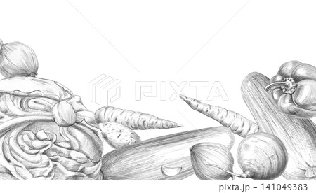Rectangular frame with cabbage, zucchini, and carrots. Naturalistic, detailed graphite pencil illustration for restaurants, cafes, farms, culinary blogs, and packaging. 141049383