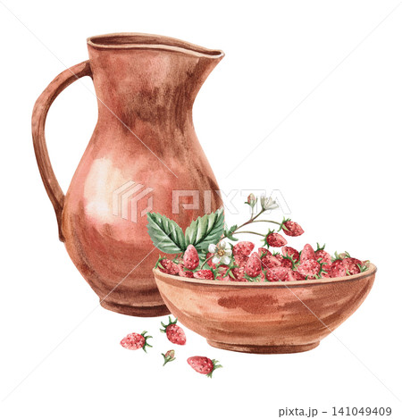 Watercolor illustration of a clay jug and bowl of strawberries. Natural tones, rustic style. Isolated watercolor illustration for cafes, bakeries, restaurants, interior designers, kitchenware stores. Watercolor illustration of a clay jug and bowl of strawberries. Natural tones, rustic style. Isolated watercolor illustration for cafes, bakeries, restaurants, interior designers, kitchenware stores. 141049409