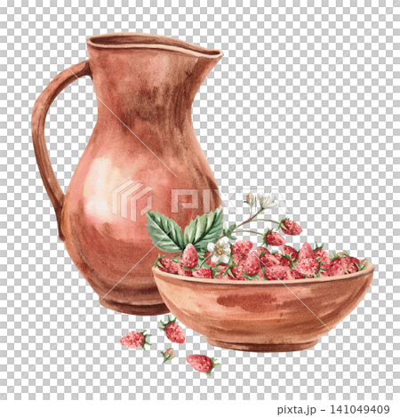 Watercolor illustration of a clay jug and bowl of strawberries. Natural tones, rustic style. Isolated watercolor illustration for cafes, bakeries, restaurants, interior designers, kitchenware stores. Watercolor illustration of a clay jug and bowl of strawberries. Natural tones, rustic style. Isolated watercolor illustration for cafes, bakeries, restaurants, interior designers, kitchenware stores. 141049409