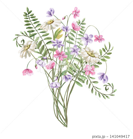 A lush bouquet of delicate wildflowers and forest plants. Isolated watercolor illustration for cosmetic brands, floral studios, wedding agencies, and interior designers. A lush bouquet of delicate wildflowers and forest plants. Isolated watercolor illustration for cosmetic brands, floral studios, wedding agencies, and interior designers. 141049417