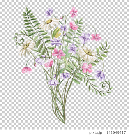 A lush bouquet of delicate wildflowers and forest plants. Isolated watercolor illustration for cosmetic brands, floral studios, wedding agencies, and interior designers. A lush bouquet of delicate wildflowers and forest plants. Isolated watercolor illustration for cosmetic brands, floral studios, wedding agencies, and interior designers. 141049417