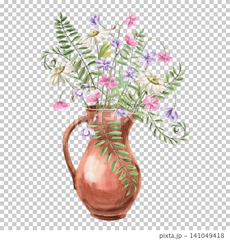 A clay jug with a bouquet of wildflowers and forest flowers. Isolated watercolor illustration for cafes, natural food stores, cards, invitations, and creating a rustic or country atmosphere. A clay jug with a bouquet of wildflowers and forest flowers. Isolated watercolor illustration for cafes, natural food stores, cards, invitations, and creating a rustic or country atmosphere. 141049418