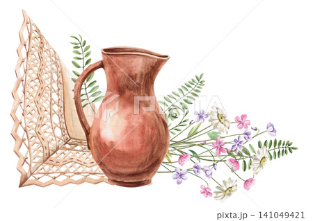 A clay jug against a lace tablecloth and a bouquet of wildflowers. Isolated watercolor illustration for cafes, natural food stores, cards, invitations, and to create a rustic or country atmosphere. 141049421