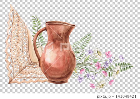 A clay jug against a lace tablecloth and a bouquet of wildflowers. Isolated watercolor illustration for cafes, natural food stores, cards, invitations, and to create a rustic or country atmosphere. 141049421