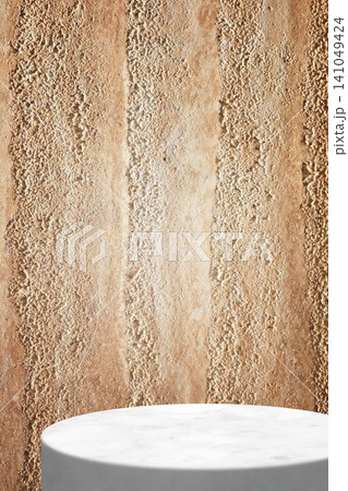 Minimalist Product Display Platform with Natural Travertine Stone Texture Background. Minimalist Product Display Platform with Natural Travertine Stone Texture Background. 141049424