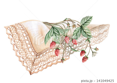 A bouquet of strawberry bushes on a rustic lace tablecloth. Isolated watercolor illustration for bakeries, cafes, natural food stores, and designers, for creating cards and invitations. A bouquet of strawberry bushes on a rustic lace tablecloth. Isolated watercolor illustration for bakeries, cafes, natural food stores, and designers, for creating cards and invitations. 141049425