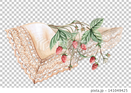 A bouquet of strawberry bushes on a rustic lace tablecloth. Isolated watercolor illustration for bakeries, cafes, natural food stores, and designers, for creating cards and invitations. A bouquet of strawberry bushes on a rustic lace tablecloth. Isolated watercolor illustration for bakeries, cafes, natural food stores, and designers, for creating cards and invitations. 141049425