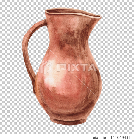 Antique clay jug, Isolated watercolor illustration suitable for vintage shops, cafes, restaurants, interior designers, to create a rustic or country atmosphere. Antique clay jug, Isolated watercolor illustration suitable for vintage shops, cafes, restaurants, interior designers, to create a rustic or country atmosphere. 141049431