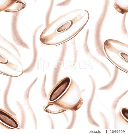 A watercolor pattern featuring coffee cups and saucers against a soft background. Ideal for coffee shop branding, packaging, menus, magazine illustrations, and culinary websites. A watercolor pattern featuring coffee cups and saucers against a soft background. Ideal for coffee shop branding, packaging, menus, magazine illustrations, and culinary websites. 141049609