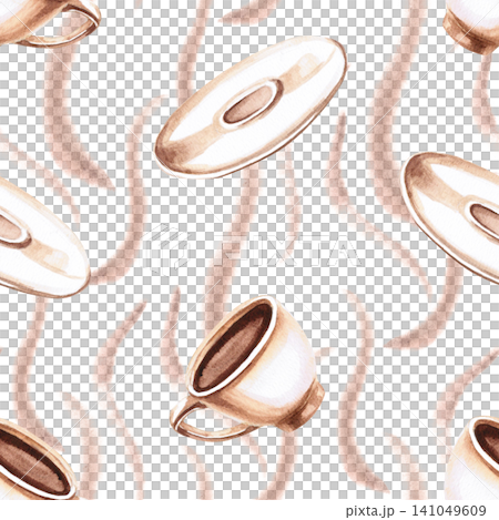 A watercolor pattern featuring coffee cups and saucers against a soft background. Ideal for coffee shop branding, packaging, menus, magazine illustrations, and culinary websites. A watercolor pattern featuring coffee cups and saucers against a soft background. Ideal for coffee shop branding, packaging, menus, magazine illustrations, and culinary websites. 141049609