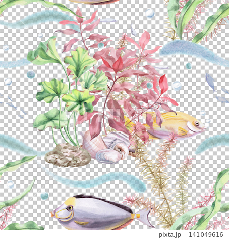 A watercolor pattern featuring underwater scenes with fish and seaweed. Ideal for designing children's products, summer greeting cards, beach-themed decor, website layouts, textiles, and packaging. A watercolor pattern featuring underwater scenes with fish and seaweed. Ideal for designing children's products, summer greeting cards, beach-themed decor, website layouts, textiles, and packaging. 141049616