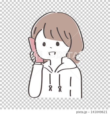 A hand-drawn illustration of a young woman talking on her smartphone. 141049621