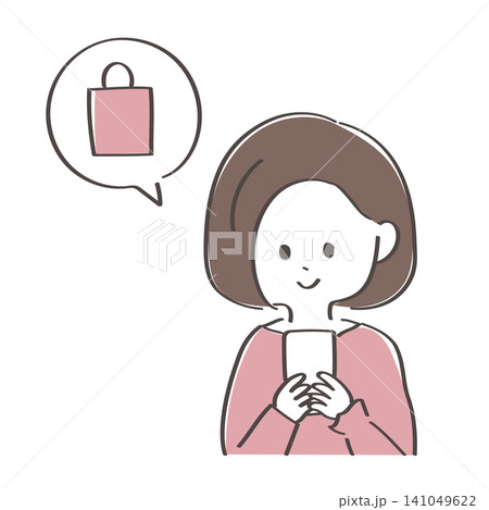 スマートフォンでショッピングをする若い女性の手描きイラスト スマートフォンでショッピングをする若い女性の手描きイラスト 141049622