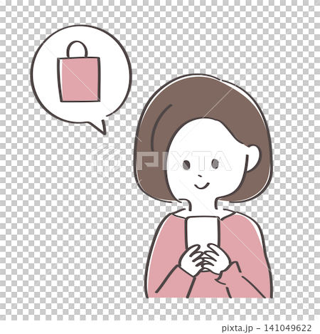 スマートフォンでショッピングをする若い女性の手描きイラスト スマートフォンでショッピングをする若い女性の手描きイラスト 141049622