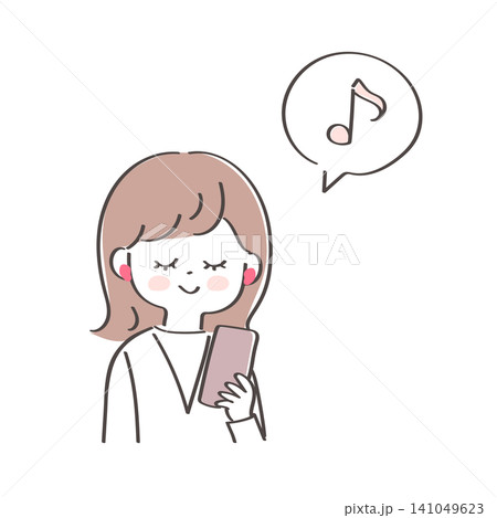 ワイヤレスイヤホンで音楽を聴いている若い女性のかわいいイラスト ワイヤレスイヤホンで音楽を聴いている若い女性のかわいいイラスト 141049623