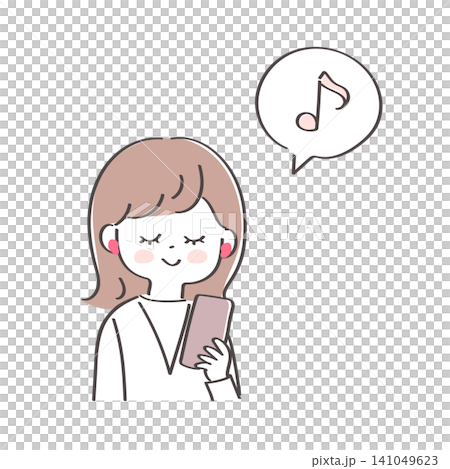 ワイヤレスイヤホンで音楽を聴いている若い女性のかわいいイラスト ワイヤレスイヤホンで音楽を聴いている若い女性のかわいいイラスト 141049623