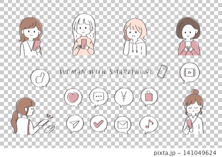 A set of cute illustrations of young women using smartphones. A set of cute illustrations of young women using smartphones. 141049624