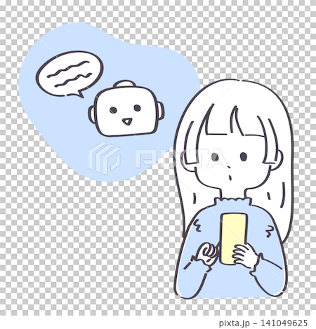 A hand-drawn illustration of a young woman using an AI service on her smartphone. A hand-drawn illustration of a young woman using an AI service on her smartphone. 141049625