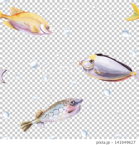 A watercolor pattern featuring fish and air bubbles. Ideal for designing children's products, summer greeting cards, beach-themed decor, websites, textiles, and packaging. A watercolor pattern featuring fish and air bubbles. Ideal for designing children's products, summer greeting cards, beach-themed decor, websites, textiles, and packaging. 141049627