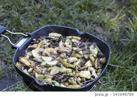 Close-up of sliced zucchini and mushrooms sizzling and steaming in a black frying pan on a portable blue camping stove, cooked outdoors over a grass background during a picnic or hike. Close-up of sliced zucchini and mushrooms sizzling and steaming in a black frying pan on a portable blue camping stove, cooked outdoors over a grass background during a picnic or hike. 141049789