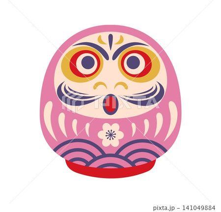Traditional Japanese daruma doll icon in pink with gold and red eye rings, curved eyebrow and mustaches. Vibrant flat daruma doll with Sakura cherry blossom for Japanese New Year greeting cards Traditional Japanese daruma doll icon in pink with gold and red eye rings, curved eyebrow and mustaches. Vibrant flat daruma doll with Sakura cherry blossom for Japanese New Year greeting cards 141049884