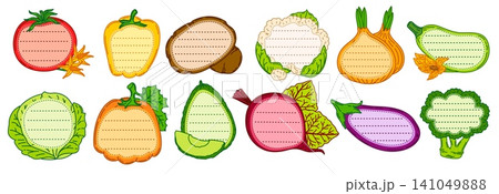 Kids memo note stickers with ripe vegetables. Fresh raw tomato, bell pepper, potato and cauliflower, onion, zucchini, cabbage or pumpkin. Avocado, beetroot, eggplant, broccoli blank veg plant borders 141049888