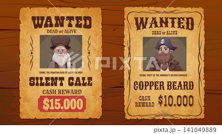 Old paper pirate crime wanted poster scroll with reward on wood background. Wanted dead or alive pirate posters with cartoon buccaneer portraits. Retro wild west reward boards for pirate party decor Old paper pirate crime wanted poster scroll with reward on wood background. Wanted dead or alive pirate posters with cartoon buccaneer portraits. Retro wild west reward boards for pirate party decor 141049889