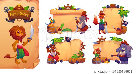 Cartoon animal pirates with old scroll parchments and manuscripts. Lion, fox, elephant and hippo, parrot, bear with turtle, dog and crab adventurers with treasure chests, coins, barrels and palm trees Cartoon animal pirates with old scroll parchments and manuscripts. Lion, fox, elephant and hippo, parrot, bear with turtle, dog and crab adventurers with treasure chests, coins, barrels and palm trees 141049901