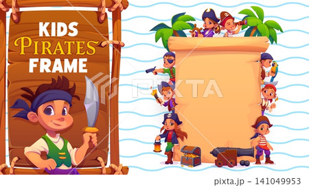 Old paper pirate banner with funny kids corsairs characters. Cartoon blank parchment paper scroll surrounded by crew of cute child pirate characters and palm trees for kids birthday party invitations 141049953