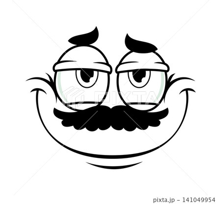 Expression face with mustaches and wide smile of glad emotion for cartoon emoji. Funny face with cheerful adorable expression of happiness or inquiring gaze stare look with stretched smiling mouth 141049954