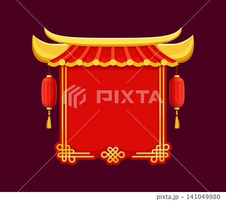 Asian frame with Chinese temple gate roof or Japanese pagoda, vector design element. Asian house roof frame and oriental arch of Japanese shrine with paper lanterns and lucky knots decoration Asian frame with Chinese temple gate roof or Japanese pagoda, vector design element. Asian house roof frame and oriental arch of Japanese shrine with paper lanterns and lucky knots decoration 141049980