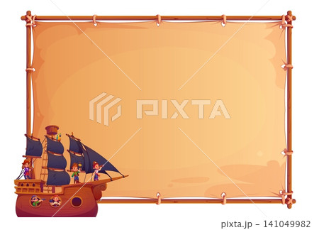Cartoon kids pirates and corsairs on sail ship with old banner. Corsair children characters on wooden sailing ship with dark sails beside blank parchment frame. Nautical adventure background template Cartoon kids pirates and corsairs on sail ship with old banner. Corsair children characters on wooden sailing ship with dark sails beside blank parchment frame. Nautical adventure background template 141049982