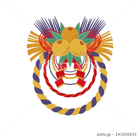 Cartoon Japanese traditional New Year shimenawa wreath decor with braided straw rope, red strings, green leaves and orange citrus fruit with cords and tassels for welcoming festive seasonal luck 141050033
