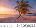 Dreamy tropical beach, palm trees, hammock, soft pastel sunset, tranquil shore. Romantic summer island escape, peaceful evening paradise. Relaxing honeymoon vacation wallpaper, coastal getaway scene 141050038