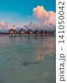 Stunning Maldives overwater villas, turquoise lagoon, palm trees, luxury resort paradise. Exotic tropical island, romantic summer honeymoon escape. Relaxing travel destination background wallpaper 141050042