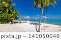 Idyllic tropical beach, palm trees, sun loungers, turquoise sea, white sand paradise. Luxury summer resort escape, romantic couple vacation getaway. Relaxing honeymoon travel destination wallpaper 141050046