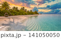 Beautiful tropical beach, soft sunset, calm sea, glowing evening shore. Dreamy summer island paradise, romantic peaceful escape. Relaxing vacation wallpaper, serene sunset coastal getaway scene 141050050