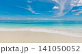Serene tropical beach, calm turquoise sea, soft white sand, minimal horizon. Pristine summer paradise shore, peaceful vacation escape. Relaxing background wallpaper, dreamy coastal design scene 141050052